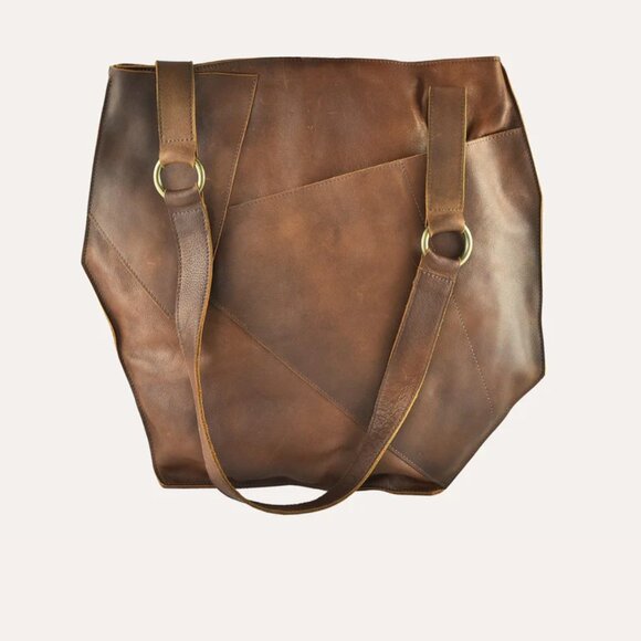 Kiko Leather Asymmetric Geometric Leather Long-Handle Tote - Brown - Picture 3 of 9